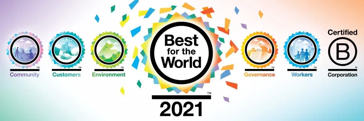 5가지 영향 영역에서 검증된 점수가 해당 규모 그룹에서 글로벌 상위 5%에 선정되는 Best for the World(출처 : http://www.bcorporation.net/)