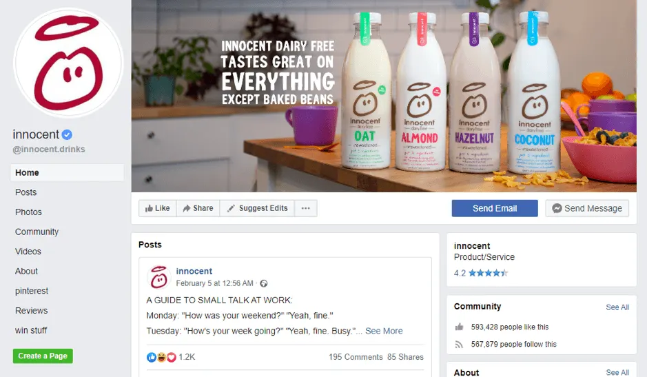 Innocent Drinks는 소셜 미디어에서 경쟁을 압도하며 고객과 커뮤니케이션하고 있기도 하다.